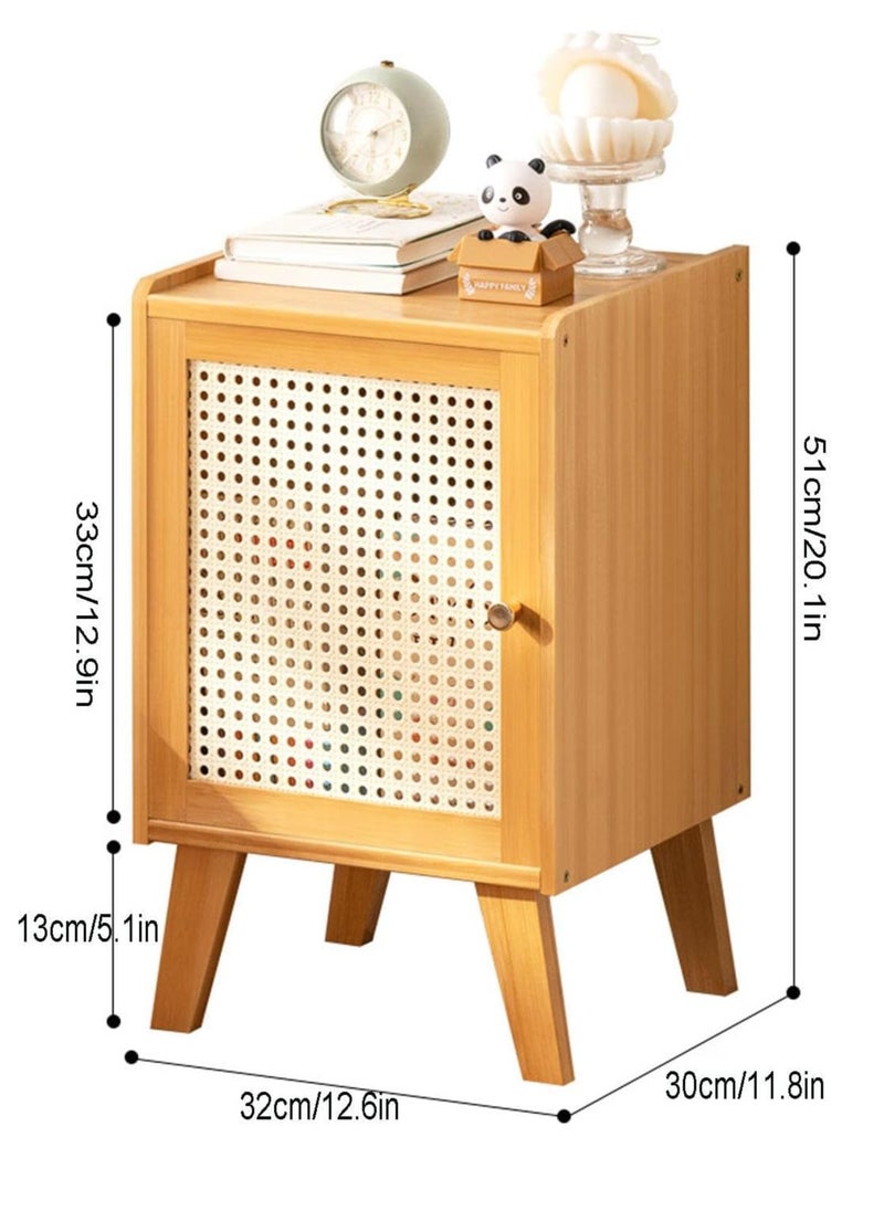 Modern Bamboo Wood Nightstand Table, Bedside Table, End Side Tables, Coffee Tables, Home Storage Rack， Bookcase with Rattan Reticulated Door and Storage Compartment for Home Office
