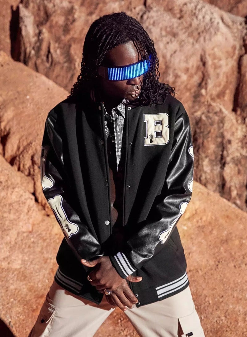 Men Letter And Bone Embroidery Contrast PU Leather Varsity Jacket  - Image 3