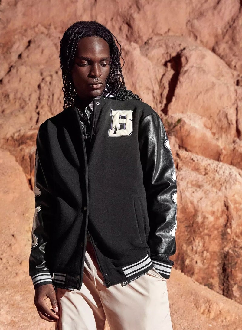 Men Letter And Bone Embroidery Contrast PU Leather Varsity Jacket  - Image 5