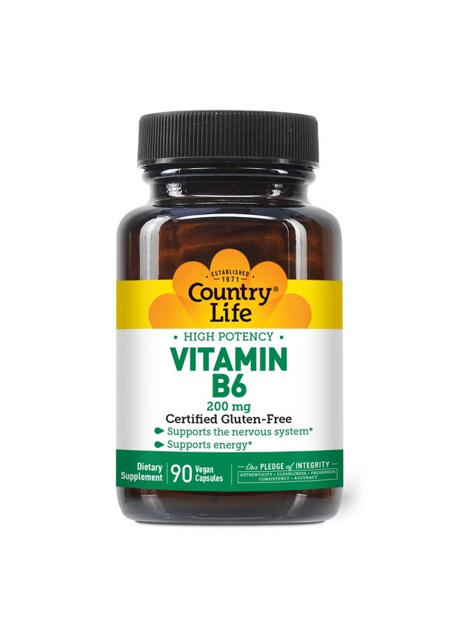 Country Life Vitamin B6 High Potency Supports Energy And The Nervous System 200Mg 90 Vegan Capsules Certified Gluten Free Certified Vegan Certified Halal  - Image 1