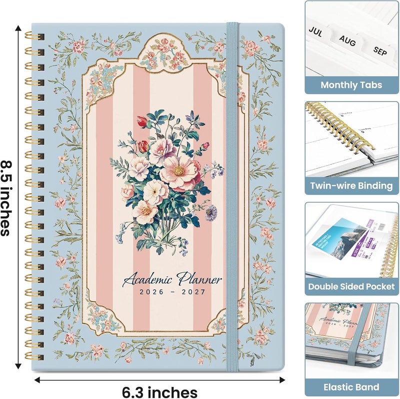 Taja Planner 2026–2027, Academic Year Monthly & Weekly Calendar Book, Jul 2026–Jun 2027, Hardcover Organizer with Tabs, Student & Teacher Planner, 6.3" x 8.5", Parisian Bouquet - Image 4