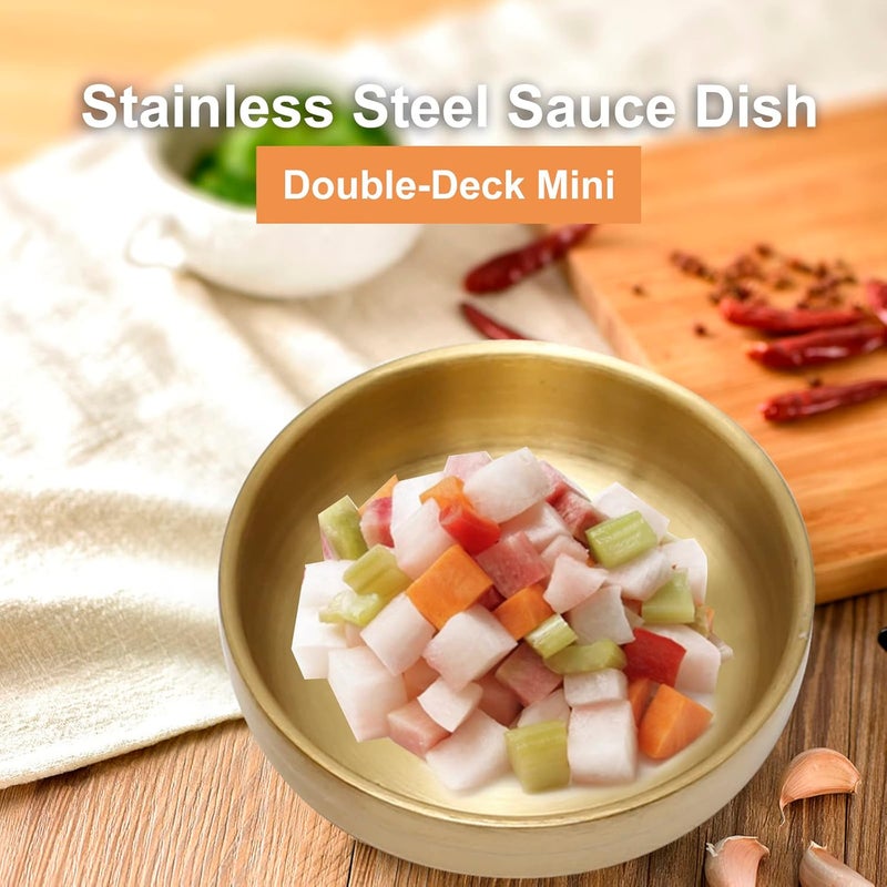 MDEOOSKY 4PCS Mini Stainless Steel Sauce Dish 3.54in Appetizer Plates Double-Deck Plates 304 Stainless Steel Plates for Oil Vinegar Juice Salad Appetizer Side Dish Ketchup (Gold 3.54IN) - Image 5