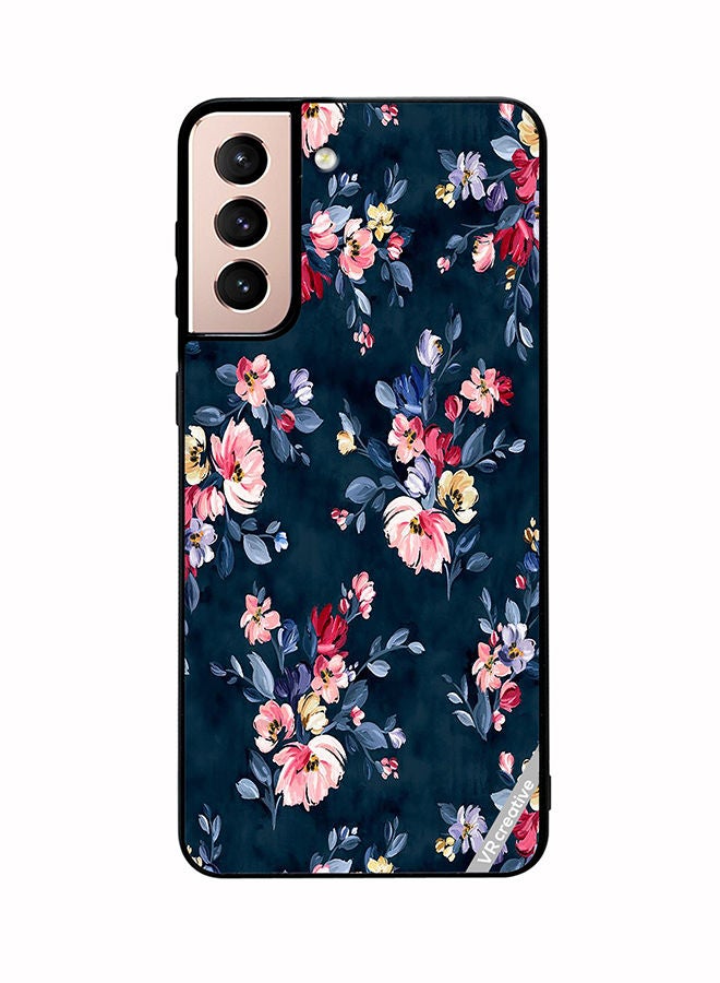 VR CREATIVE Protective Case Cover For Samsung Galaxy S21 5G A Navy Floral Print With Brightly Coloured Pink And Yellow Flowers On It Design Multicolour - Image 1