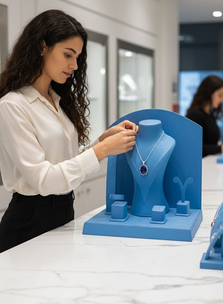 Al Seraj Jewellery Display Set for Shops & Showrooms, 5-Piece Sky Blue Rexine Leather Display Stand for Necklace, Ring, Earrings, Bracelet & Bangle - Image 2