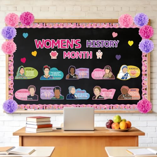 MUOUAKATE Womens History Month Bulletin Board Decorations, 46 Pcs International Women's Day Decorations Set with Motivational Women Posters Cutouts Quotes, Paper Blooms for Classroom Door, Wall, Hallway Decor - Image 1