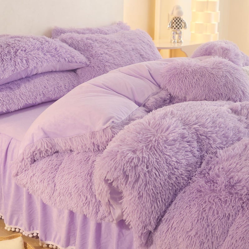 HAIHUA Fluffy Lavender Comforter Cover Twin Set, Plush Lavender Girls Twin Bedding Set 2 Pieces (1 Furry Duvet Cover + 1 Shaggy Plush Pillow Cases) Girls Faux Fur Bed Set, Zipper Closure - Image 4