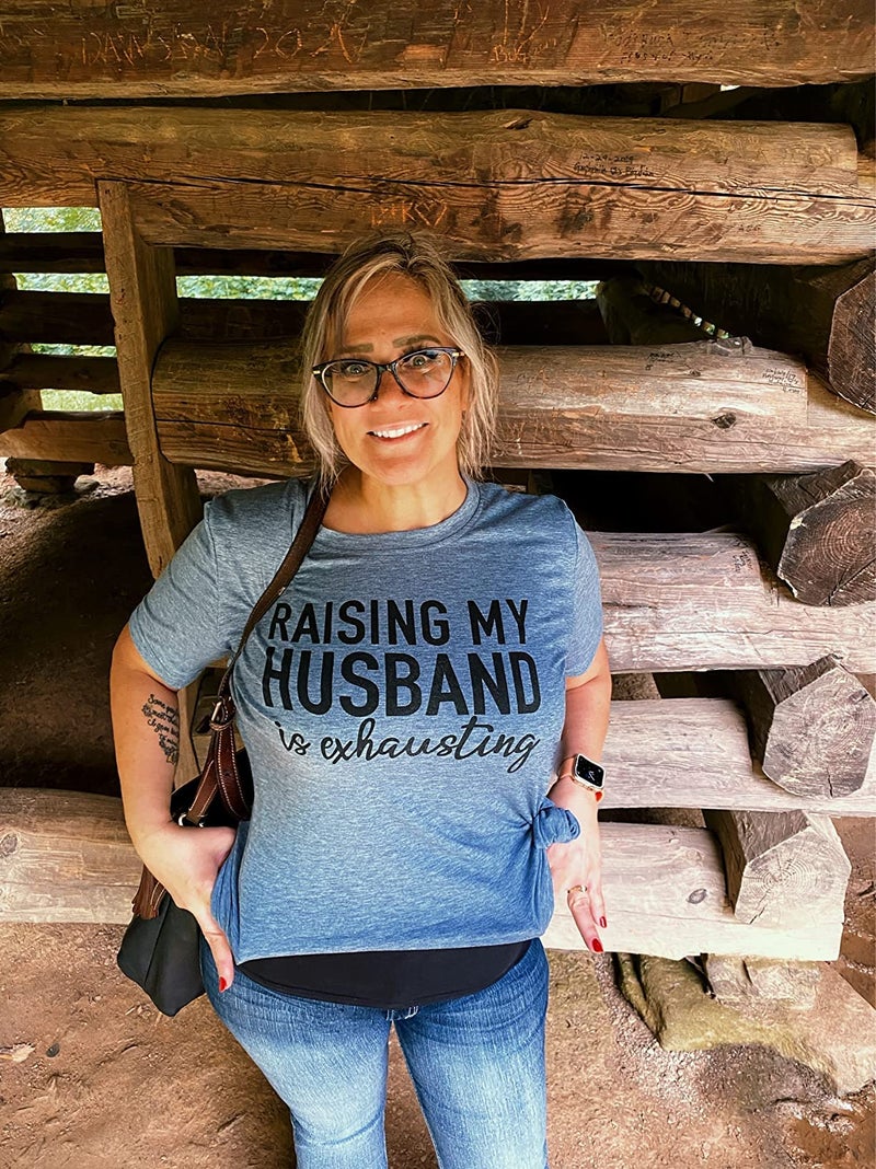 Bealatt Raising My Husband is Exhausting Funny Wife Life Shirt Women's Funny Saying Letter Print Graphic Tee Athletic Casual Cotton Short Sleeve Tshirt Cute Mom Tops(Blue,L) - Image 3