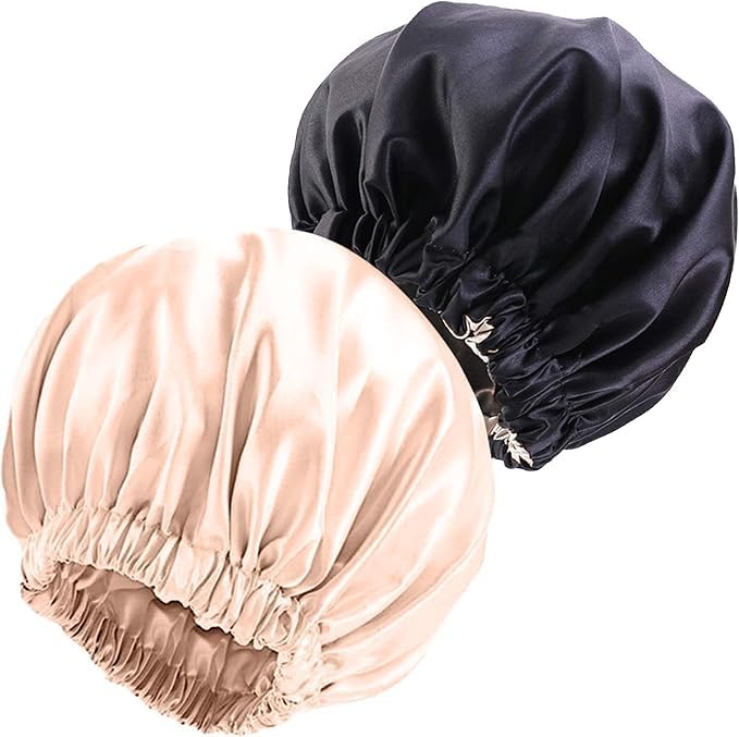Satin Bonnet Silk Bonnet Hair Bonnet for Sleeping-Slouchy Beanie Hat Satin Sleep Cap for Women's Natural & Curly Hair(Black&Champagne)