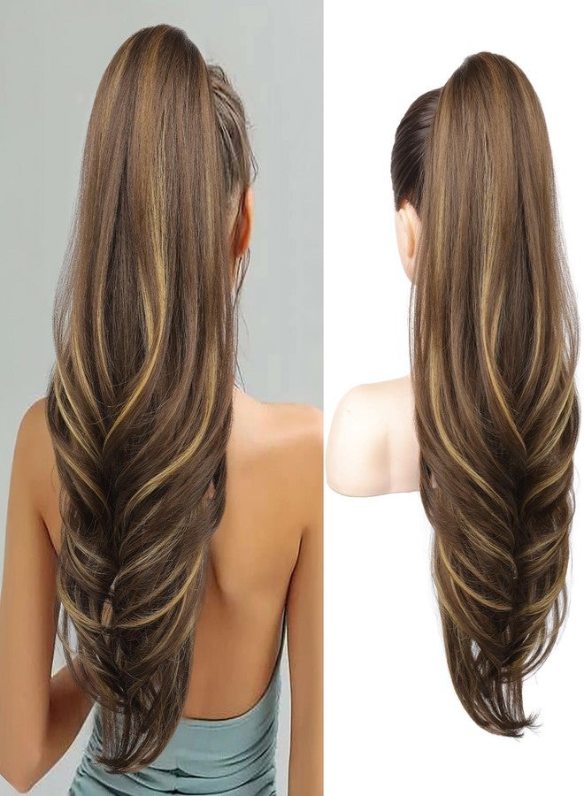 SEIKEA Versatile Drawstring Ponytail Extension, 26" Long Wavy Multi Layered Clip in Ponytail Hair Extensions Stand Up High Fake Pony Tail Soft Natural Synthetic Hairpiece Chocolate Brown Highlights - Image 1