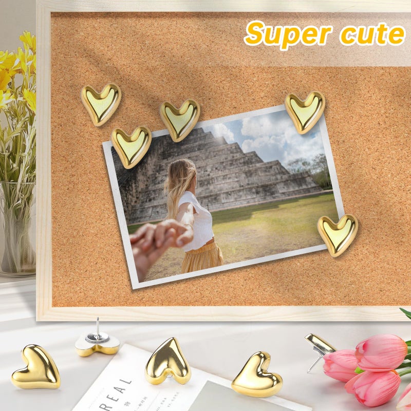 GOOLADA 36 Pieces Cute Heart Push Pins, Gold Thumb Tacks, Decorative Gold Push Pins for Bulletin Board, Cork Board, Wall, Office or Home - Image 3