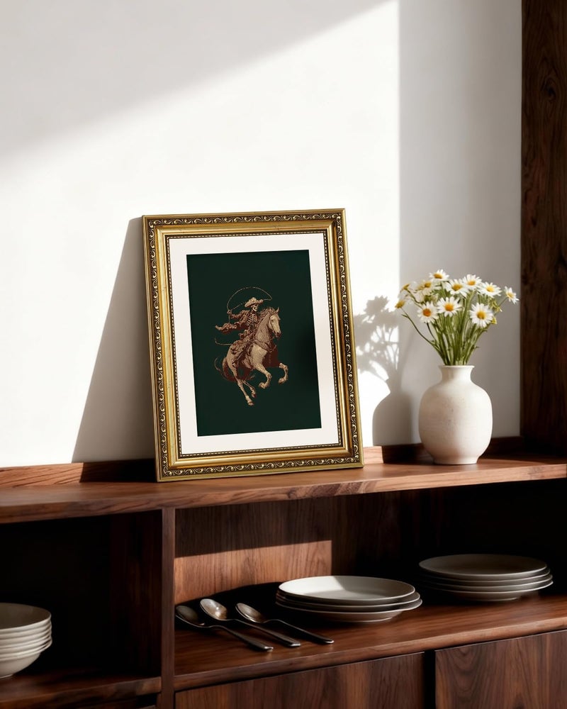 ARPEOTCY Gold Framed Canvas Wall Art, 11x14 Inch Vintage Skeleton Cowboy on Horseback, Rustic Western Cowboy Illustration, Gothic Western Decor for Living Room, Bedroom, or Office - Image 5
