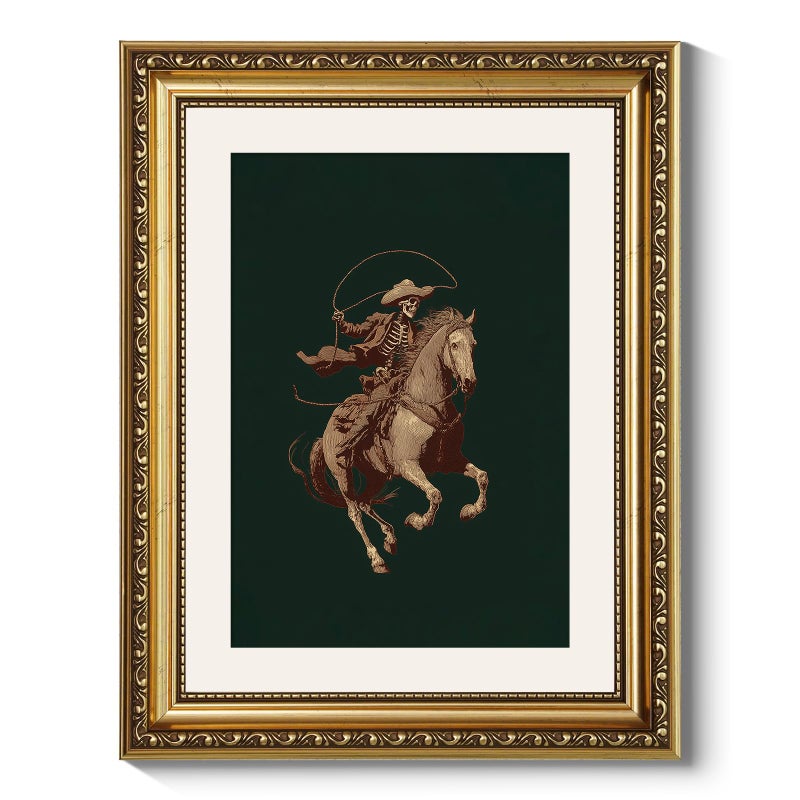 ARPEOTCY Gold Framed Canvas Wall Art, 11x14 Inch Vintage Skeleton Cowboy on Horseback, Rustic Western Cowboy Illustration, Gothic Western Decor for Living Room, Bedroom, or Office - Image 1