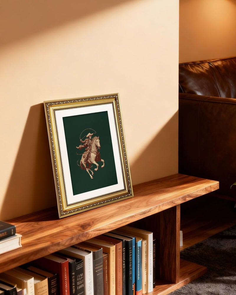 ARPEOTCY Gold Framed Canvas Wall Art, 11x14 Inch Vintage Skeleton Cowboy on Horseback, Rustic Western Cowboy Illustration, Gothic Western Decor for Living Room, Bedroom, or Office - Image 4