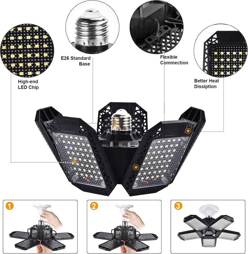 Mefflypee 2 Pack LED Garage Lights, 120W Deformable LED Garage Ceiling Light with 5 Adjustable Panels, 12000LM E26 Shop Lamp for Basement, Barn, High Bay, Store (2 Pack) - Image 3