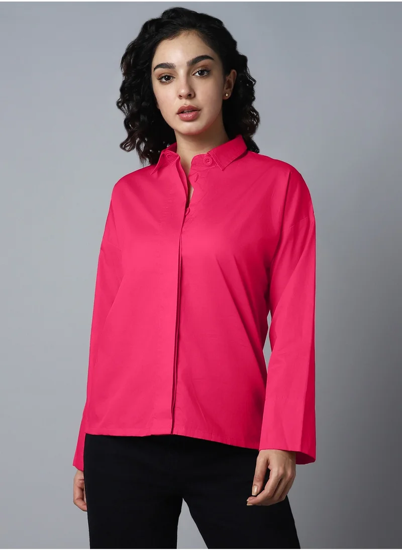 هاي ستار Boxy Pink Peacock Casual Shirt for Women