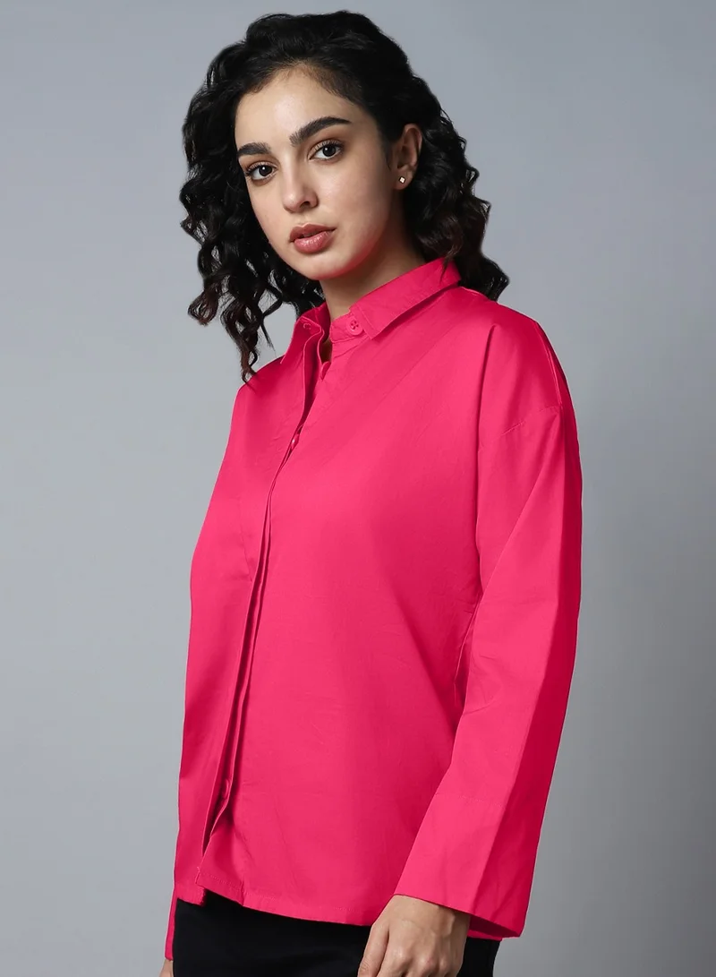 هاي ستار Boxy Pink Peacock Casual Shirt for Women
