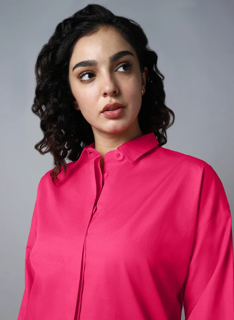 هاي ستار Boxy Pink Peacock Casual Shirt for Women