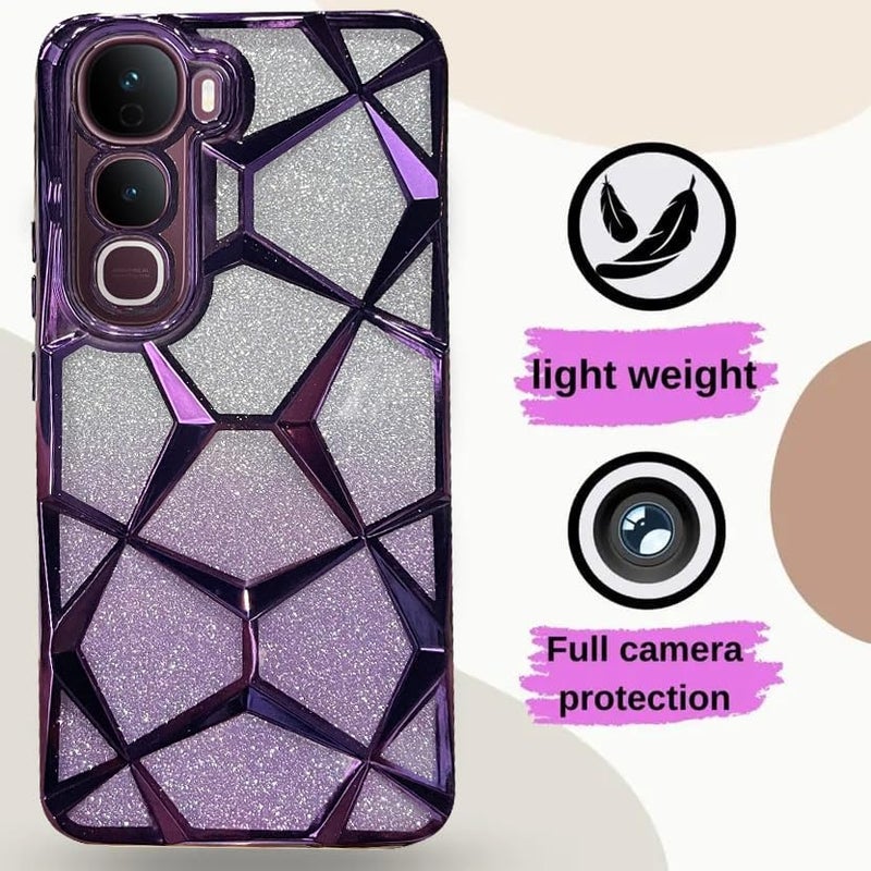 VONZEE Gradient Glitter Case for VIVO Y400, Luxury Electroplated 3D Cube, Diamond Bling Shiny Soft TPU Clear Shockproof Women Girls Protective Phone Cover (Deep Purple) - Image 3