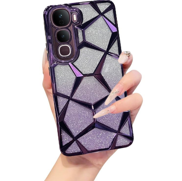 VONZEE Gradient Glitter Case for VIVO Y400, Luxury Electroplated 3D Cube, Diamond Bling Shiny Soft TPU Clear Shockproof Women Girls Protective Phone Cover (Deep Purple) - Image 1
