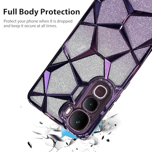 VONZEE Gradient Glitter Case for VIVO Y400, Luxury Electroplated 3D Cube, Diamond Bling Shiny Soft TPU Clear Shockproof Women Girls Protective Phone Cover (Deep Purple) - Image 2