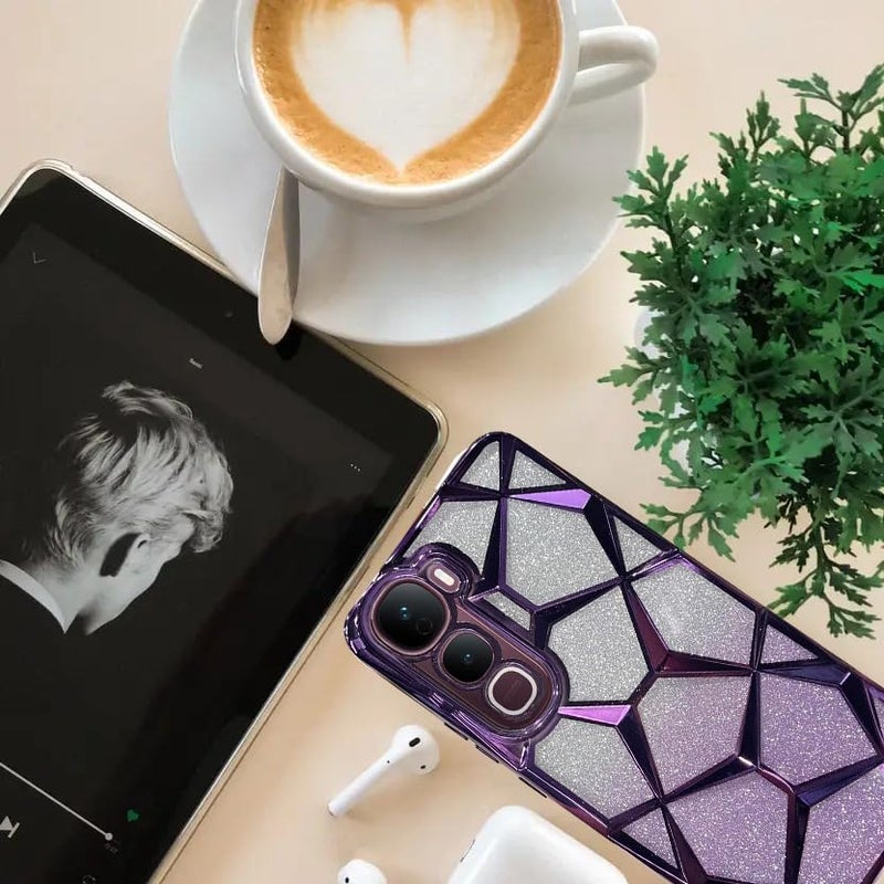 VONZEE Gradient Glitter Case for VIVO Y400, Luxury Electroplated 3D Cube, Diamond Bling Shiny Soft TPU Clear Shockproof Women Girls Protective Phone Cover (Deep Purple) - Image 5