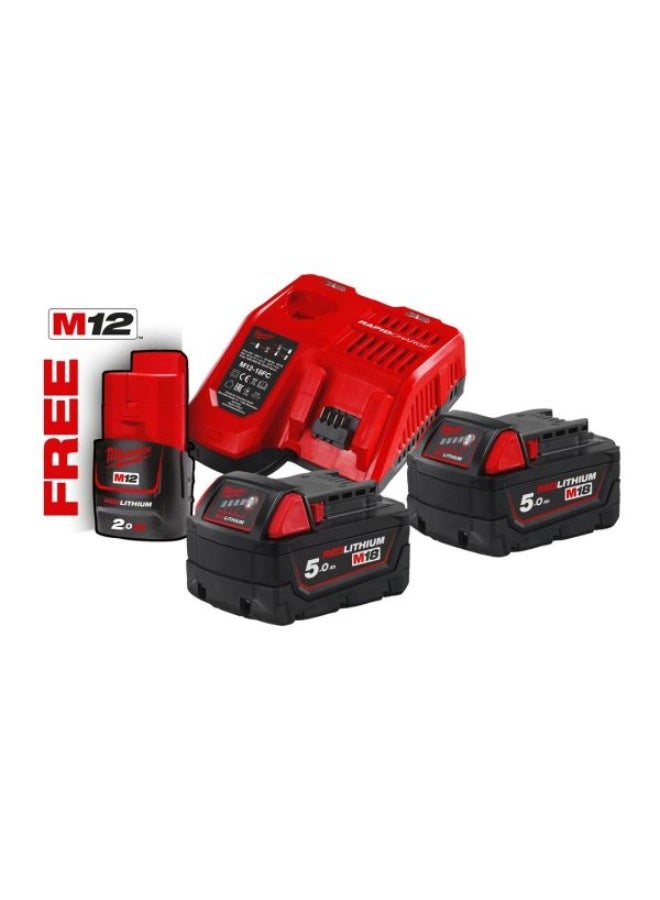 Milwaukee M18 NRG Pack with 2x 5.0Ah M18 Batteries, M12-M18 Charger, and Free 2.0Ah M12 Battery - M18NRG-502