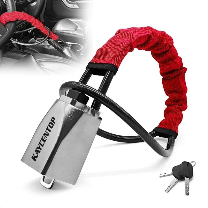KAYCENTOP Car Steering Wheel Lock, Seat Belt Lock, Car Locks Anti-Theft Device with Aluminum Alloy Lock Housing, Max 17 Inch Length, High Visibility and Light-Weight, Universal Fit, 3Keys(Red) - Image 1