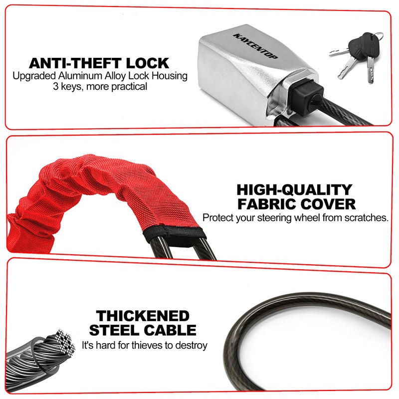 KAYCENTOP Car Steering Wheel Lock, Seat Belt Lock, Car Locks Anti-Theft Device with Aluminum Alloy Lock Housing, Max 17 Inch Length, High Visibility and Light-Weight, Universal Fit, 3Keys(Red) - Image 3