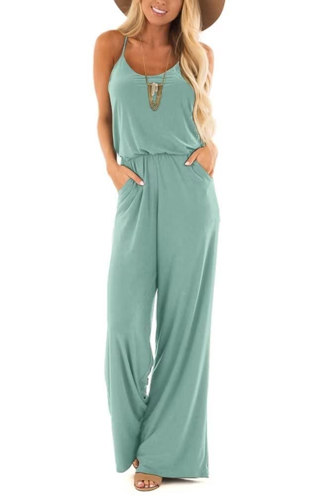 Lacozy Women Loose Tank Jumpsuits Casual Sexy V Neck Sleeveless Wide Leg Pants Jumpsuit Rompers Blue Green Medium - Image 1