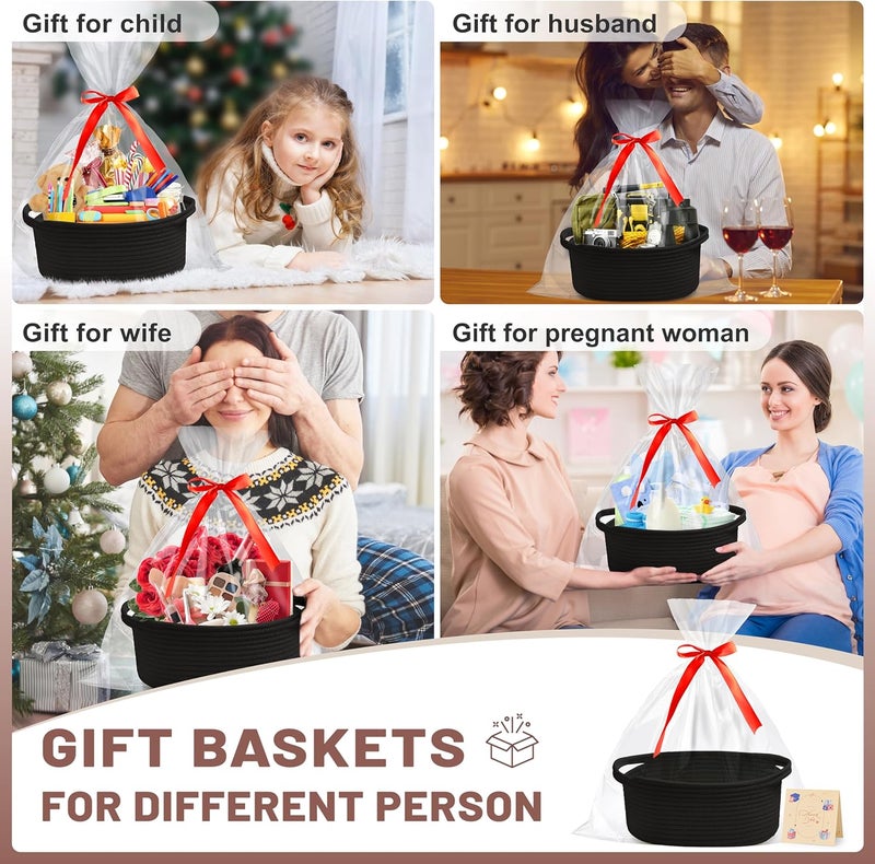 Bufims Small Woven Black Gifts Basket for Storage Empty with Ribbons and Bags Durable Cute Gifts 12"X 8" X 5" Small Rope Basket for Gifting - Image 2