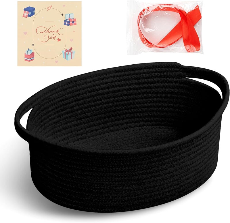 Bufims Small Woven Black Gifts Basket for Storage Empty with Ribbons and Bags Durable Cute Gifts 12"X 8" X 5" Small Rope Basket for Gifting - Image 1