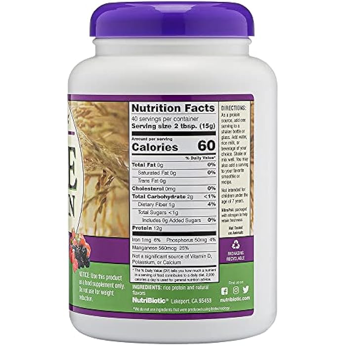NutriBiotic – Mixed Berry Rice Protein, 1 Lb 5 Oz (600g) | Low Carb, Keto-Friendly, Vegan, Raw Protein Powder | Grown & Processed Without Chemicals, GMOs or Gluten | Easy to Digest & Nutrient-Rich - Image 3