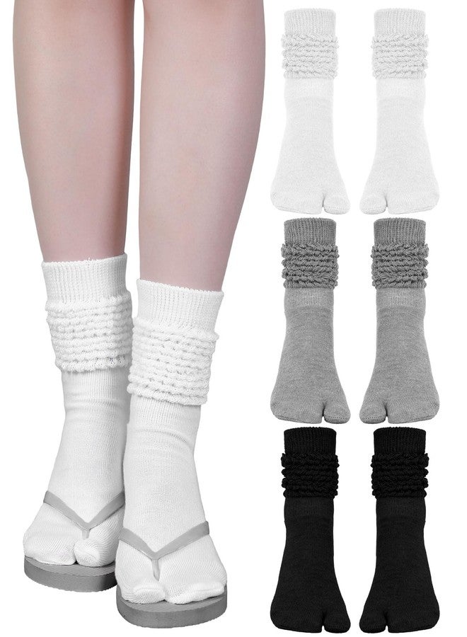 Fourluoo 3 Pairs Flip Flop Socks Slouch Scrunch Tabi Split Toe Japanese Long Knit Socks for Women(Black, White, Gray,5-8) - Image 1