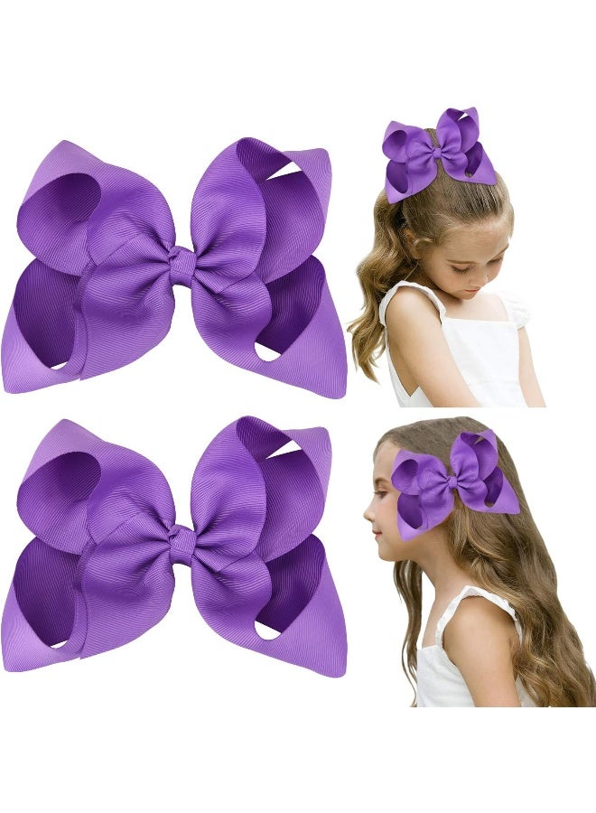 DEEKA 2 PCS 6" Big Hand-made Grosgrain Ribbon Solid Color Hair Bows Alligator Clips Hair Accessories for Little Teen Toddler Girls Kids Set of 2 -Purple - Image 1