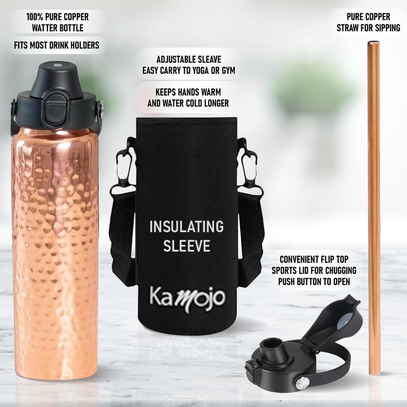 Kamojo Copper Water Bottle for Drinking - Hammered 100% Pure Copper Tumbler with Push Button Lid, Removable Insulating Sleeve & Straw - Handcrafted 32 fl oz Ayurvedic Cup for Water - Image 3