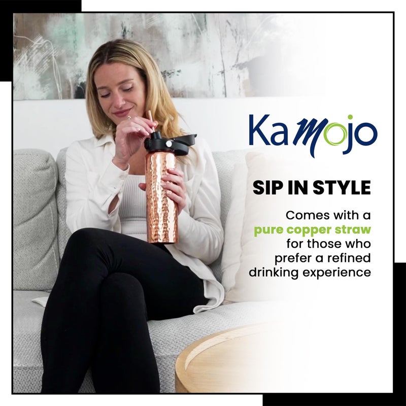 Kamojo Copper Water Bottle for Drinking - Hammered 100% Pure Copper Tumbler with Push Button Lid, Removable Insulating Sleeve & Straw - Handcrafted 32 fl oz Ayurvedic Cup for Water - Image 5