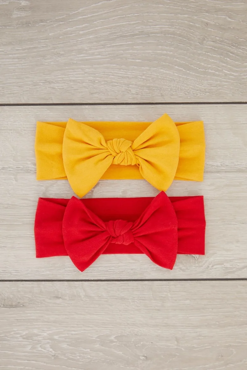 بيبيجيز Handmade Soft Bow Tied Natural Cotton Combed Cotton 2-Pack Baby Kids Girl Bandana Red Mustard