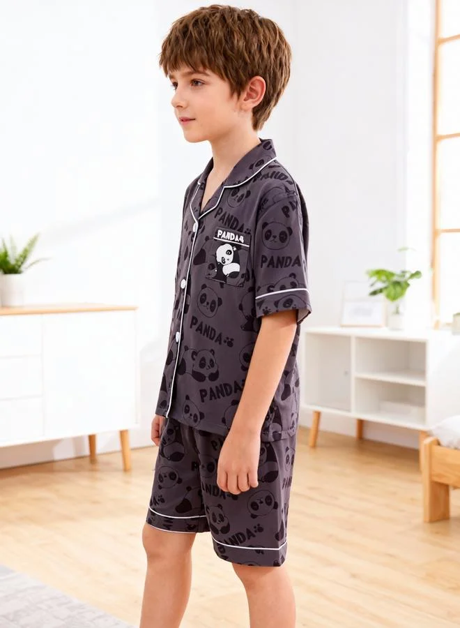 Take Two  Boys Panda Print Pocket Detail Shirt And Shorts Pyjama Set for Men | Best Price UAE