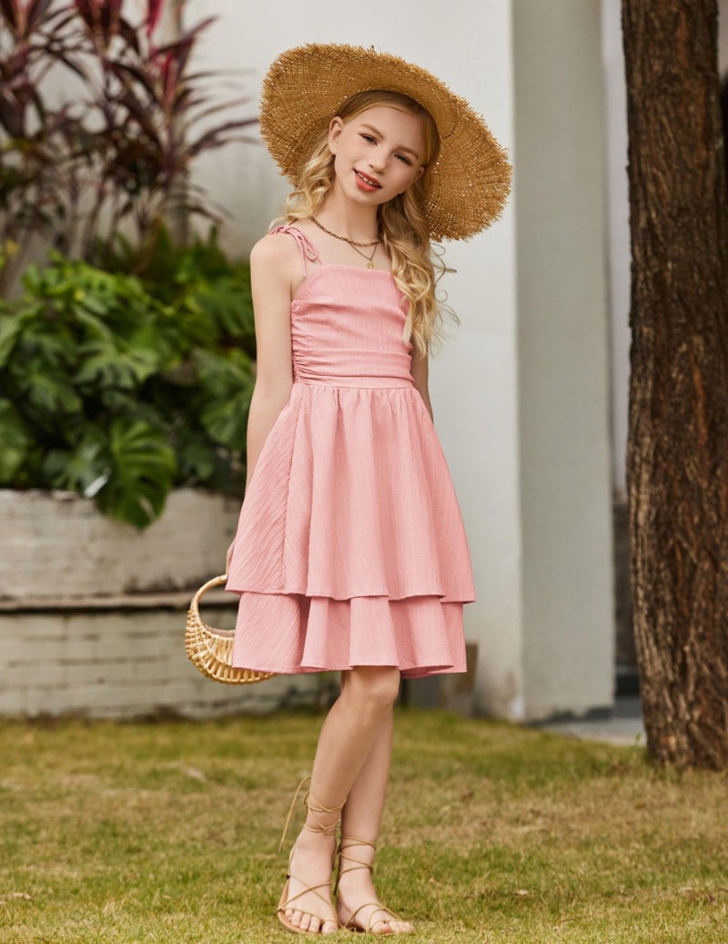 Arshiner Girls Pink Easter Dresses Formal Summer Beach Boho Hawaiian Casual Spaghetti Strap Midi Tween Girl Sundress Size 10-12 - Image 2