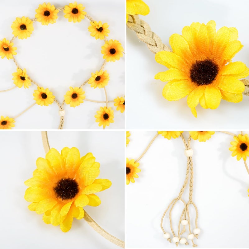 Sucrain 1pcs Flower Hippie Headband Floral Crown Summer Sunflower Hair Accessories for 70 s Bohemian Costumes Style for Women(Yellow) - Image 4