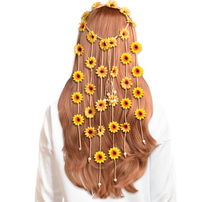 Sucrain 1pcs Flower Hippie Headband Floral Crown Summer Sunflower Hair Accessories for 70 s Bohemian Costumes Style for Women(Yellow) - Image 2
