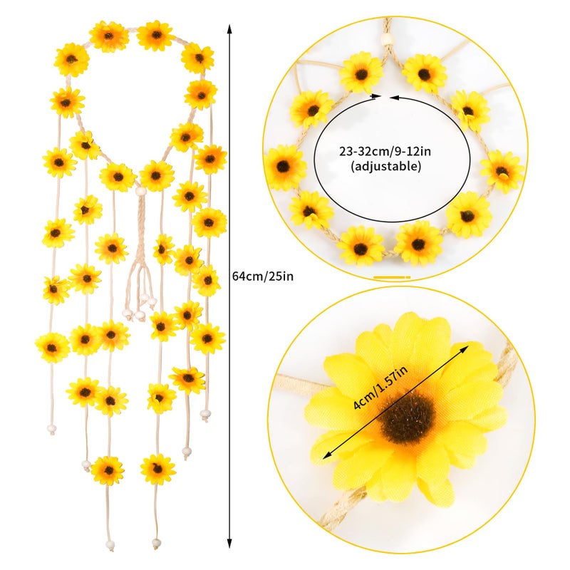 Sucrain 1pcs Flower Hippie Headband Floral Crown Summer Sunflower Hair Accessories for 70 s Bohemian Costumes Style for Women(Yellow) - Image 3