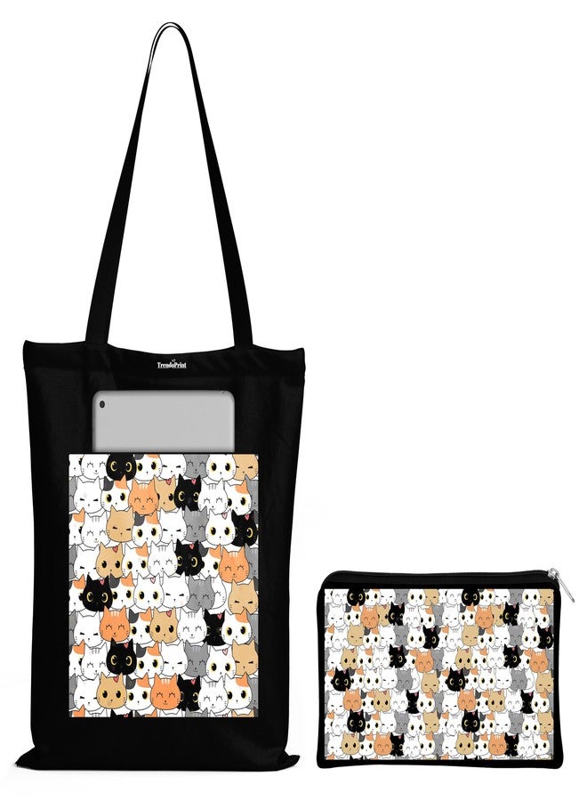 TrendoPrint حقيبة تسوق سوداء مطبوعة صديقة للبيئة من تريندوبرينت، مقاس 14 × 16 بوصة، مع حقيبة مكياج، مناسبة للجامعة والتسوق والسفر (TB37) - Image 1