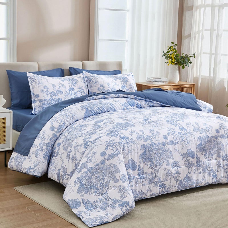 DJY Blue Comforter Set King, 7 Pieces Bed in a Bag King Size Botanical Comforters with Sheets Elegant Plants Print Soft Microfiber Reversible Complete Bedding Sets for All Season - Image 2