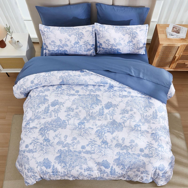 DJY Blue Comforter Set King, 7 Pieces Bed in a Bag King Size Botanical Comforters with Sheets Elegant Plants Print Soft Microfiber Reversible Complete Bedding Sets for All Season - Image 3