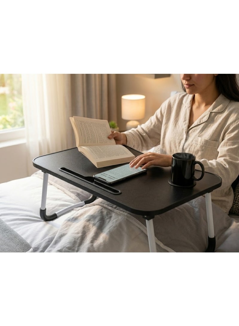Foldable Wooden Laptop Desk and Bed Tray Table with Cup Holder and Tablet Slot for Work and Study - Black - Image 3
