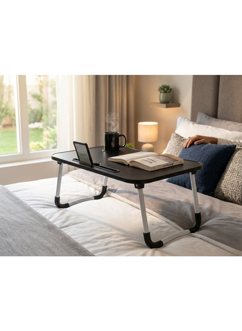 Foldable Wooden Laptop Desk and Bed Tray Table with Cup Holder and Tablet Slot for Work and Study - Black - Image 2