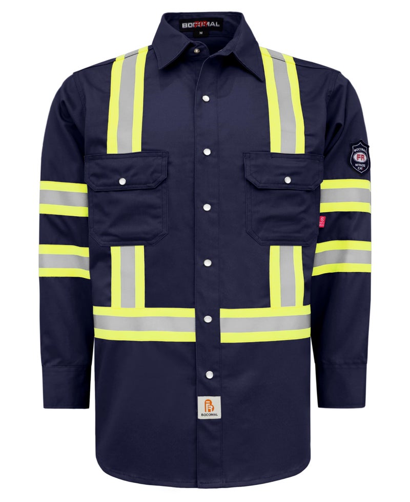 BOCOMAL FR Shirts Hi Vis/High Visibility Flame Resistant/Fire Retardant Shirt 7.5oz Navy FR Shirts for Men - Image 1