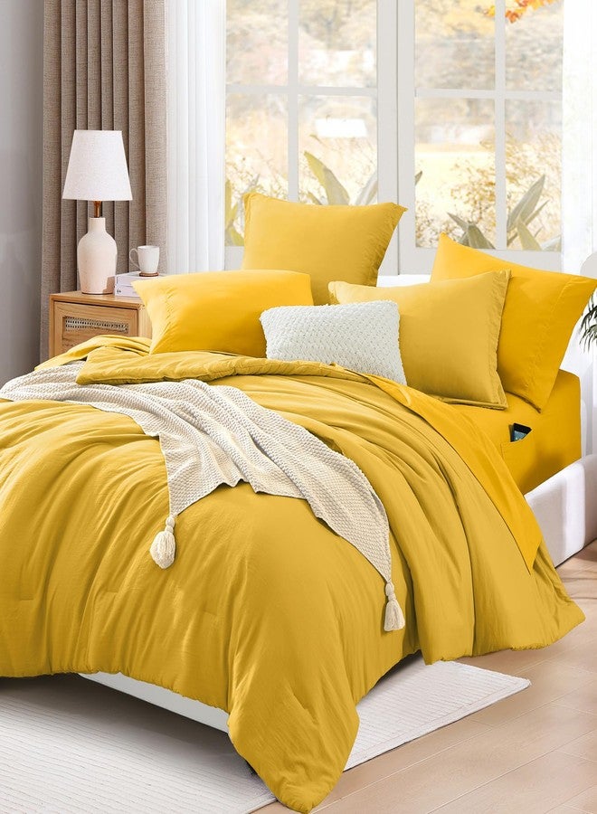 WRENSONGE Mustard Yellow Queen Comforter Set, 7 Pieces Soft Microfiber Comforters Queen Size with Fitted Sheet, Flat Sheet, 2 Shams, and 2 Pillowcases- Warm Bedding Sets Queen for All Season - Image 1