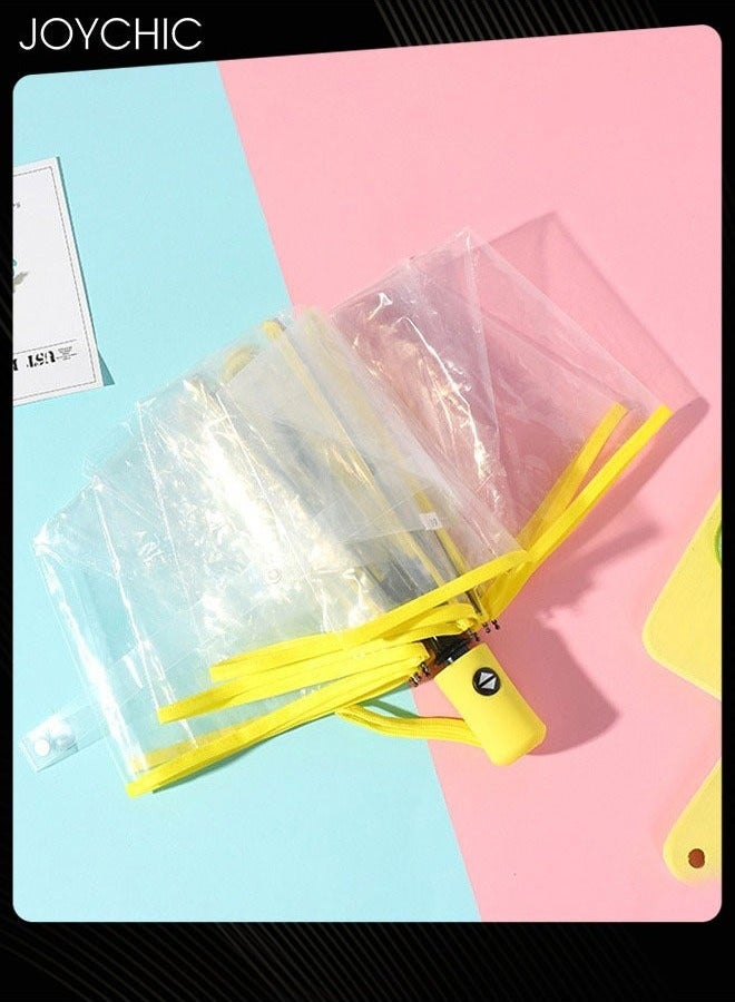 Joychic Full Automatic Three Folding Transparent Clear Travel Rain Umbrella for Women Ladies Girls Outdoor Yellow - Image 1